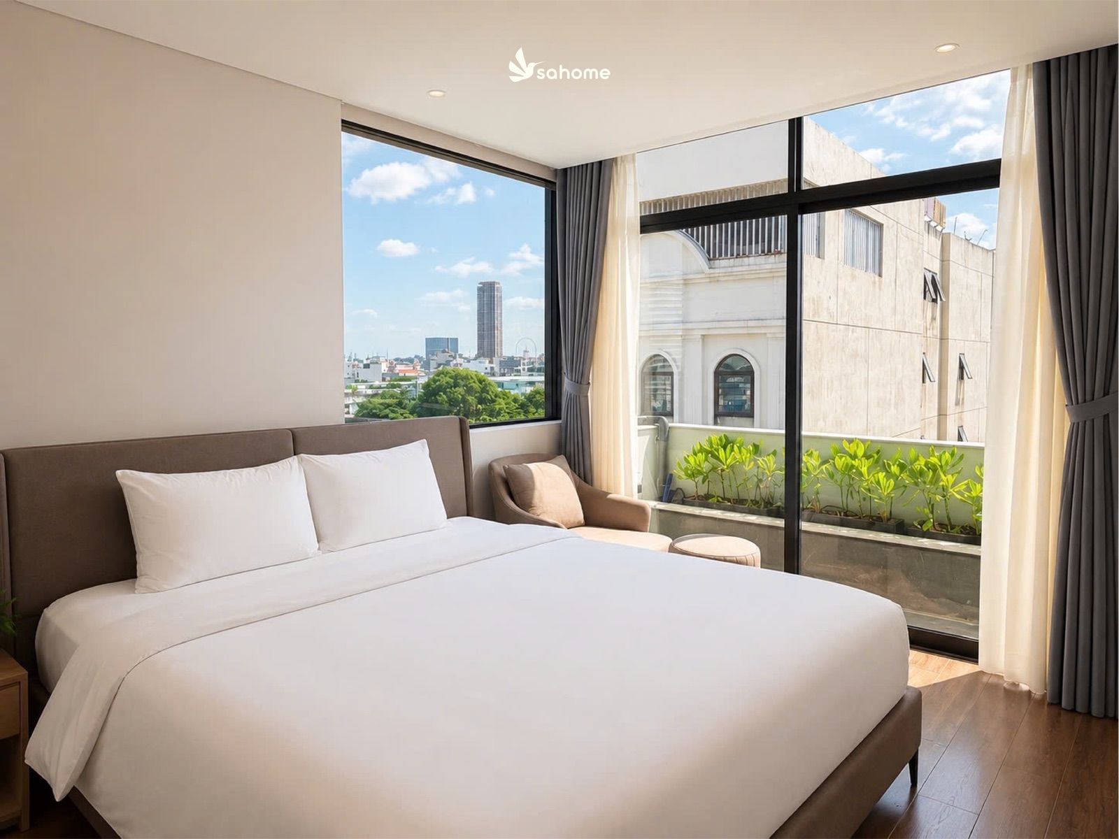 Bedroom with a city view